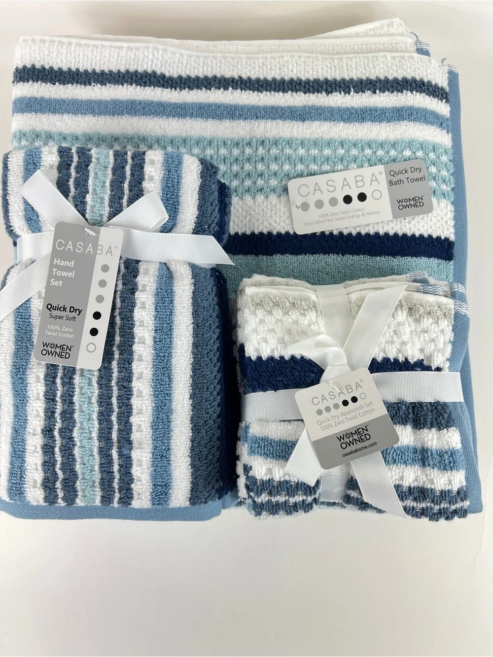 Casaba 8 Pc Bath Towel Set Blue White Taupe Striped Super Soft Cotton Blend NEW